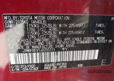 2018 Toyota Rav4 Le из США, поврежденный, VIN JTMBFREV1JD255315